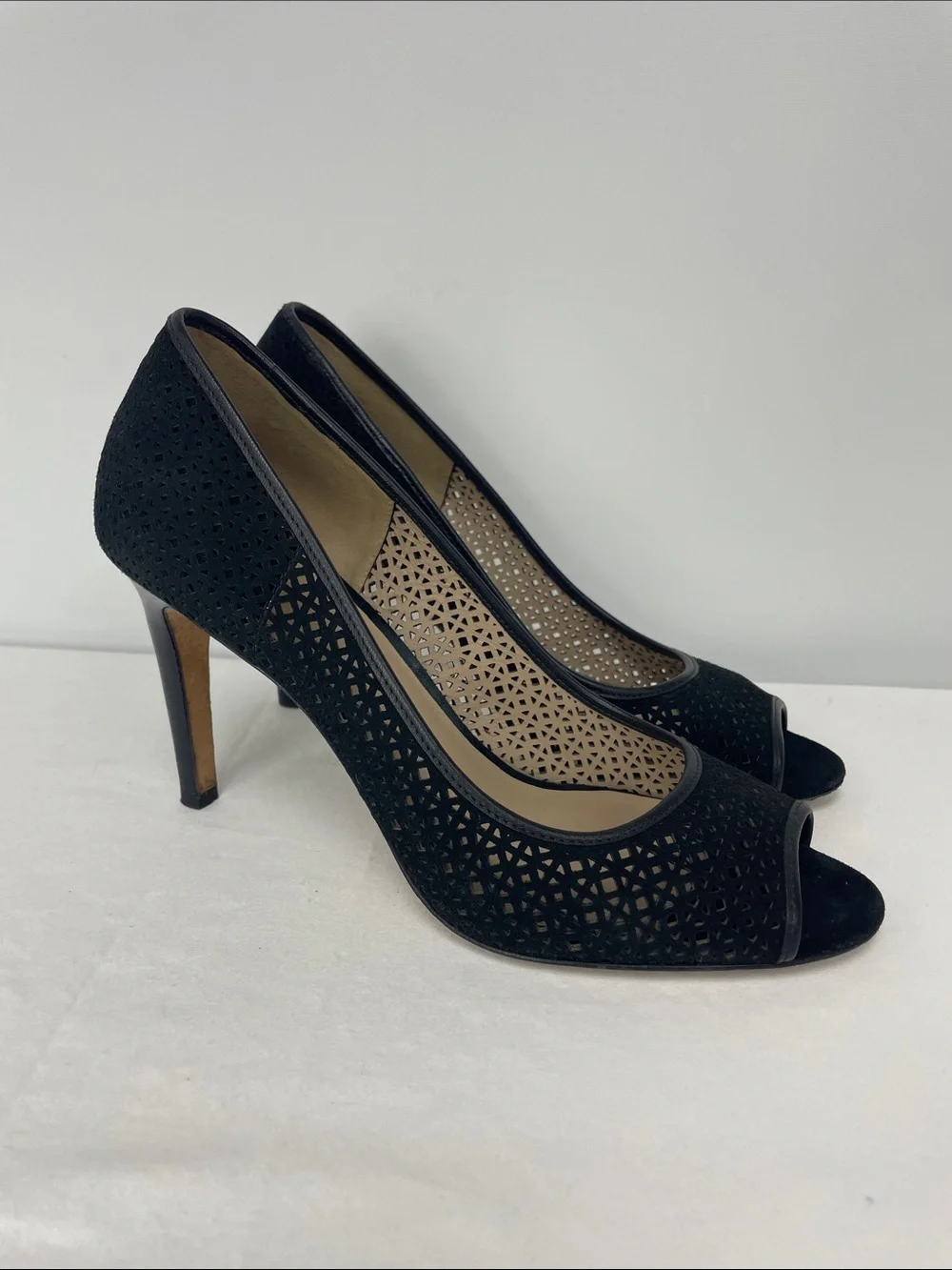 Tory Burch Black Laser-Cut Peep-Toe Pumps, Size 8.5